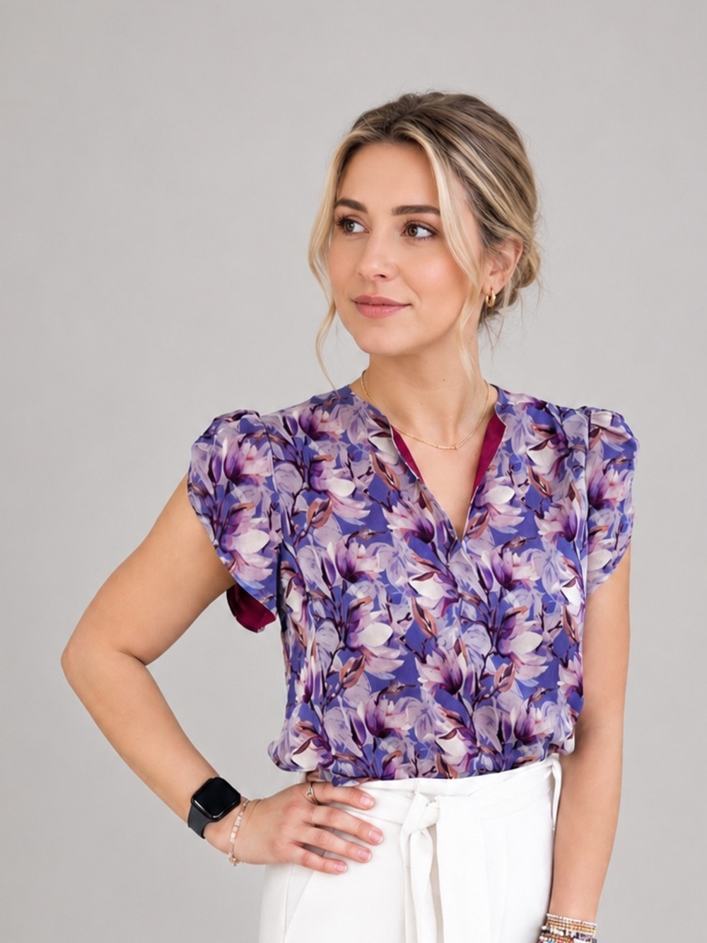 JoFlower Zamora Blouse Short Tulip Sleeve Floral Print women’s Sz Medium NEW!